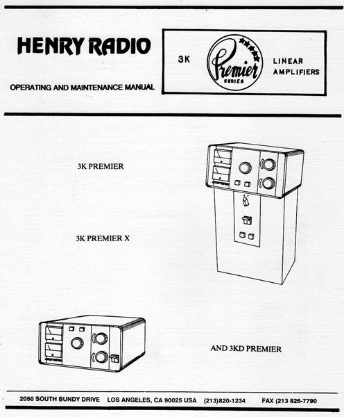 PDF Digital Manual Copy for Henry 3K Premier and 3KD Premier HF Amp 3CX1200