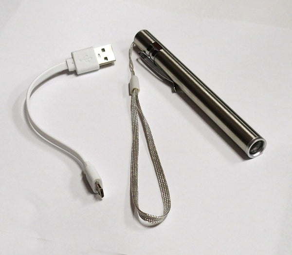 LED USB Rechargeable Penlight Stainless Steel 400 Lumen W/ Clip  Battery & Cable